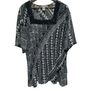 Catherines Blouse Womens 3X Black Batik Short Sleeve Crochet Trim Square Neck